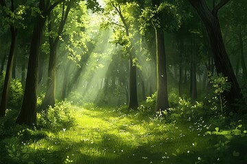Obraz premium Sunbeams illuminate a lush green forest path.