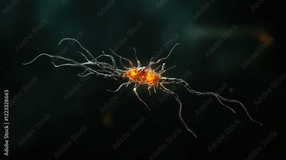 Poster microscopic neuron cell, digital rendering of a nerve cell,detailed visualization of a neuron with i
