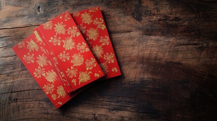 Obraz premium A set of lucky red envelopes with elegant gold designs on a wooden surface, creating a festive atmosphere for the New Year