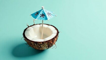 Coconut with umbrella on light blue background_ Minimalist tropical vibe_