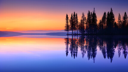 Fototapeta premium Stunning Sunset over Serene Lakeside with Reflective Waters and Silhouetted Trees