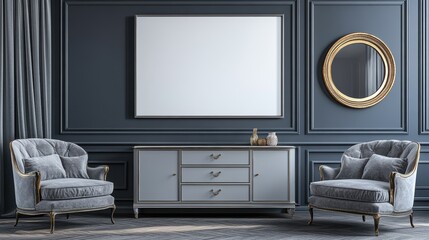 Elegant Living Room Interior with Gray Armchairs and Antique Cabinet