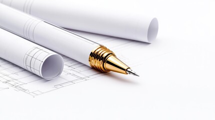 Fototapeta premium Golden drafting pen lying on rolled white blueprints and architectural drawings on a clean desk.