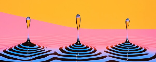 Abstract image showcasing water droplets creating vibrant ripples against a colorful background of pink and orange hues.