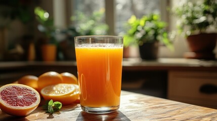 Fototapeta premium A Glass of Freshly Squeezed Orange Juice on a Sunny Kitchen Table