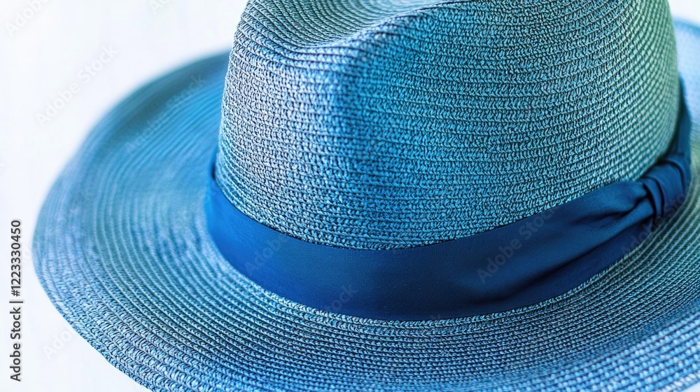 Poster a detailed view of a hat with a blue ribbon, perfect for emphasizing details in editorial or commerc