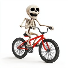 Naklejka premium 3D icon cartoon of a skeleton riding a bicycle, cheerful expression, isolated on a white background