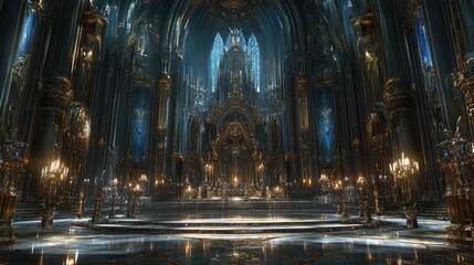 A grand opulent cathedral interior glows with golden light