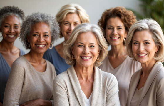 group of smiling confident multi ethnic happy women in menopause age, multiracial friendship of women of mature age