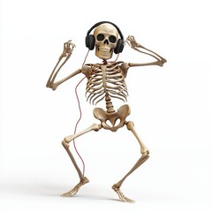 3D icon cartoon of a skeleton dancing with headphones on, isolated on a white background 
