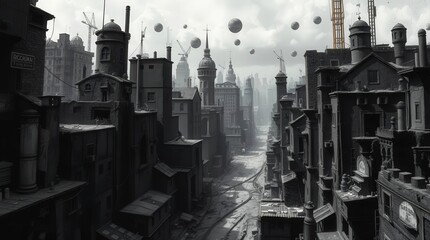 Urban Landscape with Futuristic Elements and Surreal Atmosphere