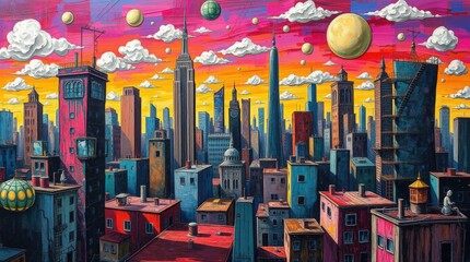 Obraz premium Vibrant Urban Landscape with Surreal Elements and Colorful Skies