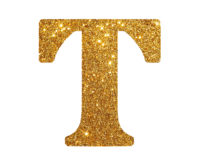 Letter t in gold glitter isolated on a white background, cut out