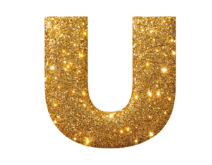 Letter u in gold glitter isolated on a white background, cut out