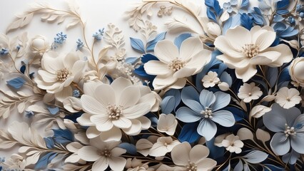 A delicate arrangement of soft blue and white flowers with greenery,