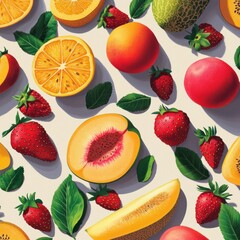 Summer fruit pattern oranges, peaches, strawberries, melon. Food background
