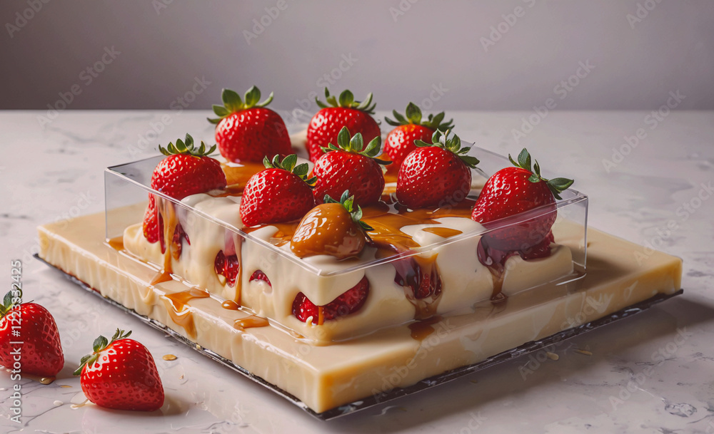 Poster a dessert with strawberries and caramel drizzled on top. the dessert is in a square pan and is place