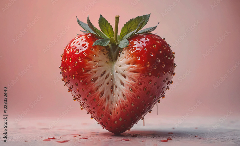 Poster a strawberry with a heart shape cut out of it. the heart is surrounded by a few drops of water