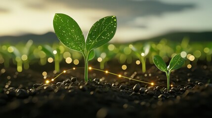 Abstract glowing seeds in a stylized field with light trails connecting sprouting plants