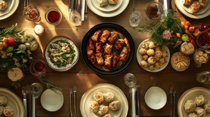 A beautifully arranged Chinese New Year feast with dumplings, spring rolls, and traditional dishes on a festive table