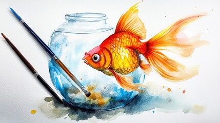 painting watercolor goldfish in aquarium. Selective focus.
