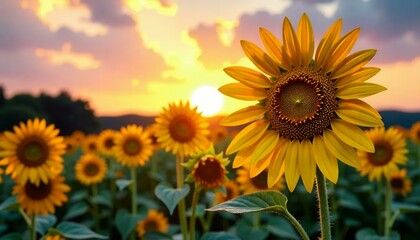 Fototapeta premium Sunflower Field Sunset, Golden Hour Bloom, Summer Flowers, Nature View