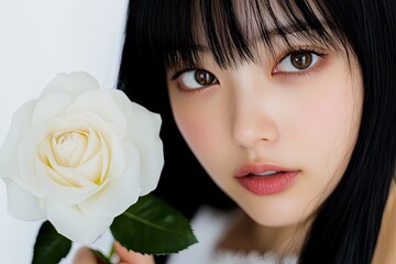 Fototapeta premium A beautiful young woman with straight black hair, bangs, and fringe, wearing a white halter top, holding a single rose in her hand