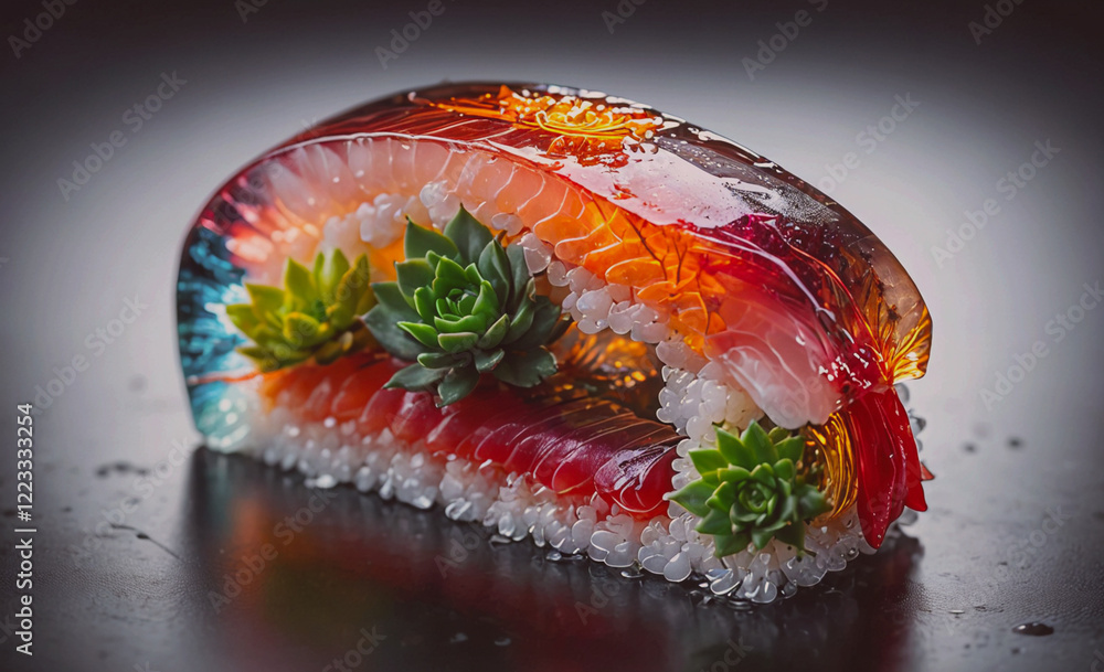 Poster A sushi roll with a variety of colorful vegetables and a piece of meat. The roll is covered in a jelly-like substance and has a unique design