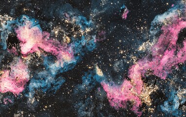Fototapeta premium A cosmic abstract background with bright pink and blue nebula clouds, sprinkled with glowing stars on a deep black backdrop