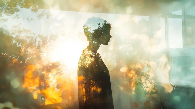 Golden Hour Silhouette: A Woman's Reflection in the Sunset's Embrace