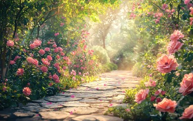 Fototapeta premium A garden background with vibrant blooming roses, a stone pathway, and soft morning sunlight