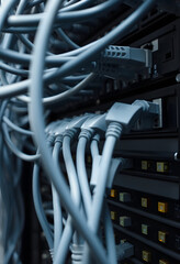Network Cables Connected to Server Rack in Data Center
