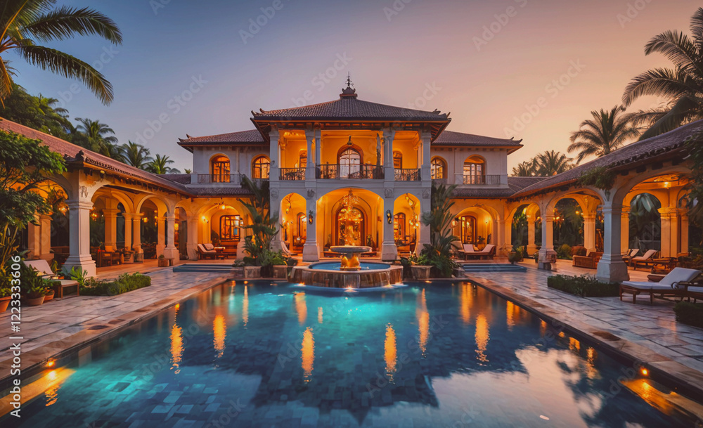 Aufkleber a large house with a pool and a fountain. the pool is lit up at night. the house is surrounded by pa