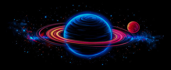 Obraz premium An abstract planet on a black background, surrounded by bright blue rings.