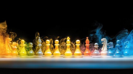 Illuminated chess pieces studio digital art dark background close-up concept