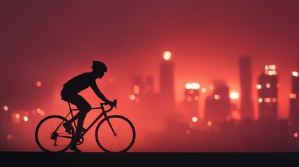 Cyclist ascending hill urban landscape night photography glowing city lights side view ambitious journey