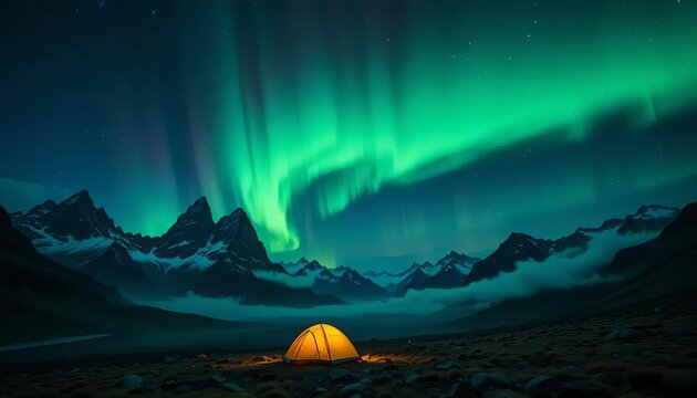 Aurora Borealis Night Sky Glowing Green Lights Mountain Landscape Snowy Peaks Illuminated Tent Camping Wilderness