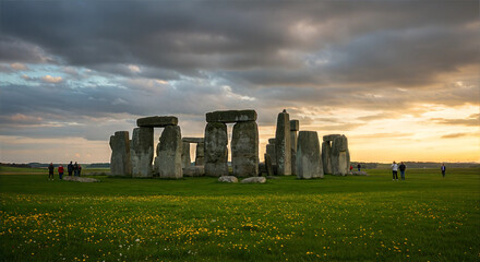 England's ancient stone circle on rolling countryside, with visitors exploring its mysteries under a dramatic sky and sunset.