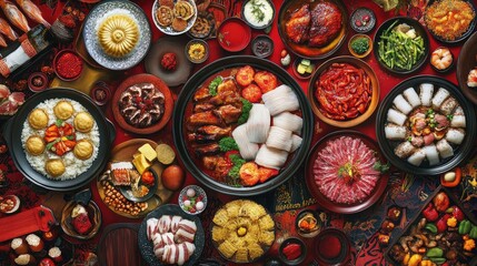 A traditional Chinese New Year spread with rice cakes, braised meats, and a variety of colorful dishes