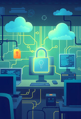 Illustrate a scene depicting robust network security measures, such as firewalls, intrusion detection systems, and encrypted communications, 8k, with white tones