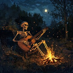 Naklejka premium A skeleton playing a guitar by a bonfire at night, surrounded by nature and glowing firelight 
