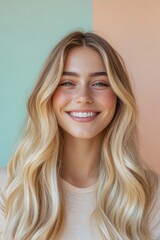 Naklejka premium A smiling woman with long blonde hair looking directly at the camera