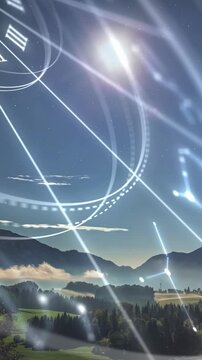 Portrait astrology zodiac animated chart with cloud mountain time lapse in nature landscape in background astrological signals symbols Roman numerals motion graphics neon horoscope