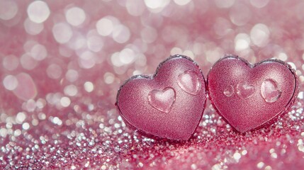 Obraz premium Two heart-shaped candies on a pink glitter background, perfect for Valentine's Day or romantic occasions