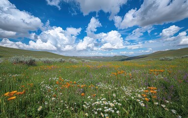 A serene natural background of a lush green meadow with colorful wildflowers, under a bright blue sky with fluffy white clouds