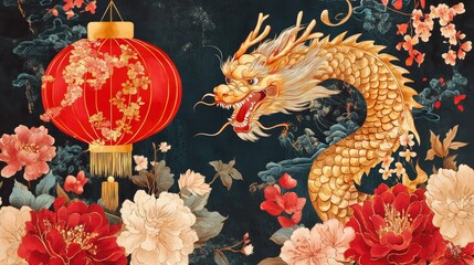 Obraz premium A detailed and festive Chinese New Year poster with a red lantern, golden dragon, and floral motifs, celebrating good luck