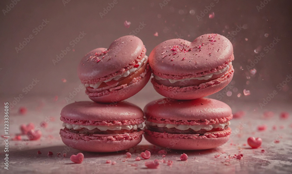 Poster A stack of pink macarons with hearts on top. The macarons are piled on top of each other, creating a visually appealing and delicious display. The pink color and heart shape evoke a sense of romance