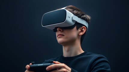 Young Man Using Virtual Reality Headset - Future Technology and Gadgets Concept