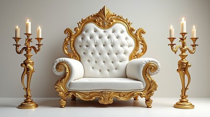 Elegant Golden Throne with Opulent Details and Ornate Candleholders