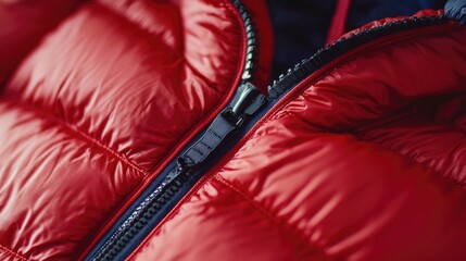 Close-up shot of a red jacket's zipper detail, great for fashion or textile illustrations